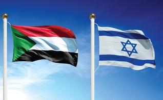 Bandeira do Sudão (esquerda) e Israel (direita) tremulam lado a lado. (Foto: Al-Monitor)