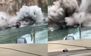 Momento em que um pedaço da parede do cânion de Furnas se desprendeu, em Capitólio, Minas Gerais. (Foto: Captura de tela/CNN News)