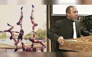 À esquerda, Solomon e artistas de circo em apresentação. À direita, ele pregando o Evangelho. (Foto: Reprodução/God Reports)