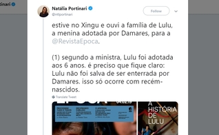 Natália Portinari é jornalista da revista Época e menosprezou o infanticídio indígena para tentar desmentir e acusar a ministra Damares Alves de sequestro. (Imagem: Twitter - Reproduçã)