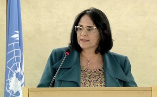 Ministra da Mulher, Família e Direitos Humanos, Damares Alves, em discurso na ONU. (Foto: Reprodução/TV Globo)