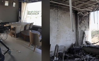 Estúdio da Daystar em Jerusalém antes e depois do ataque a bomba. (Foto: Reprodução/CBN News)
