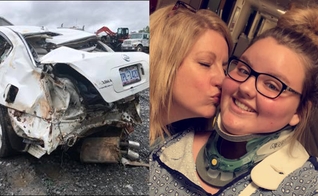 O carro de Macy Smith destruído após acidente, e a jovem agora salva. (Foto: Reprodução/Twitter)