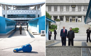 O violão de Steve Feucht na DMZ (à esquerda) e o presidente Donald Trump e o ditador Kim Jon-un se encontram na zona desmilitarizada entre a Coreia do Norte e do Sul. (Foto: Kevin Lamarque/Reuters)