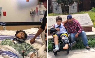 Emilio Corrales itnernado após ser atropelado por semi-caminhão (à esquerda) e em recuperação ao lado do pai. (Foto: Reprodução/CP)