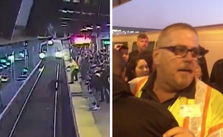 O funcionário John O'Connor puxou um homem de volta para a plataforma, pouco antes do trem chegar à estação Coliseum, na Califórnia. (Foto: Bay Area Rapid Transit/@TonyBadilla)