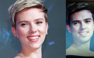 A atriz Scarlett Johansson em versão masculina graças a filtro de realidade aumentada do Snapchat. (Imagem: Reprodução/UOL)