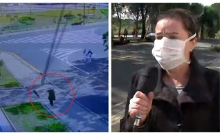 Câmeras de segurança filmam momento em que mulher quase foi atingida por um poste em Curitiba. (Foto: Reprodução/RIC Record Tv)