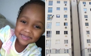 Menina Ana Júlia e a fachada do prédio de onde ela caiu da janela do sexto andar. (Foto: Reprodução / TV Gazeta)