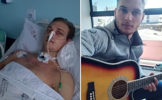 Mateus Perondi de Lima com seu violão e antes, internado após ter sofrido grave acidente. (Foto: Reprodução / Lance Notícias)