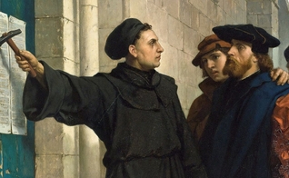 Martinho Lutero pregando as 95 teses na porta da igreja em Wittenberg, na Alemanha.