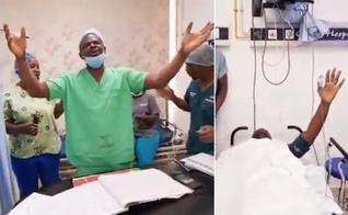Neurocirurgião em momento de adoração com paciente e enfermeiros. (Foto: Montagem/Guiame/Facebook/NKANI)