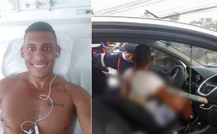 Jeferson Rosendo após a cirurgia e, ao lado, o carro em que sofreu o acidente. (Foto: Reprodução / TV Gazeta)