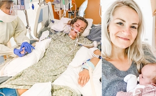 Angela internada e intubada; Ava nos braços da mãe, que sobreviveu à Covid-19. (Foto: Reprodução / Instagram)