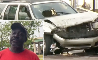 Freddie Finkley e o carro acidentado de Eric Lopez. (Foto: Reprodução / GOD TV)