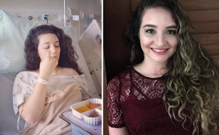 Jessica durante a internação para a cirurgia para a retirada do câncer na tireoide; e hoje, curada. (Foto: Reprodução / Arquivo Pessoal).