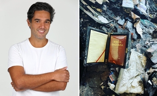 Ator mostrou Bíblia que ficou intacta em incêndio que destruiu sua casa. (Foto: Instagram/Fernando Sampaio|Montagem Guiame)