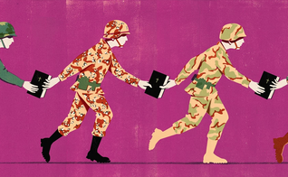 Os soldados carregaram a mesma Bíblia em 11 missões, passando um para o outro. (Ilustração: Dan Bejar)