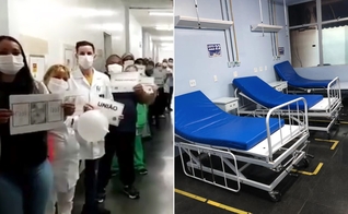 Funcionários louvam a Deus e mostram alas de Covid vazias. (Foto: Reprodução/Facebook/Montagem Guiame)