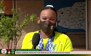 Rebeca Andrade em entrevista ao vivo durante participação no Oyaho. (Foto: SporTV)