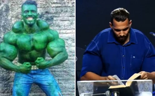 Romário em seu personagem “Hulk”, e hoje testemunhando a transformação em Cristo. (Foto: Reprodução / Arquivo pessoal)