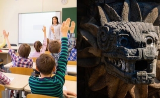 Crianças em sala de aula e deus da serpente asteca Cabeça da cobra emplumada Quetzalcoatl. (Foto: Reprodução / Shutterstock)
