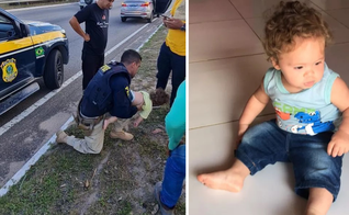 Policial salvando o bebê Josué Levi que estava engasgado. (Foto: Divulgação/PRF)