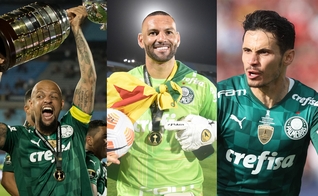 Jogadores Felipe Melo, Weverton e Raphael Veiga. (Foto: Instagram/Cesar Greco/SE Palmeiras/CONMEBOL Libertadores)