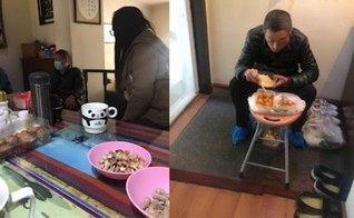 Fotos da casa de Xu Jiale e sua esposa Qin Ningping; à direita, um dos oficiais encarregados por vigiá-los. (Foto: ChinaAid)