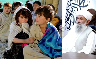 Foto/Montagem: Crianças afegãs à esquerda e primeiro-ministro do Talibã, Mohammad Hassan Akhund, à direita. (Fotos: Pxhere e Commons Wikimedia)