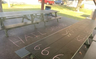 A pichação em giz continha a frase “Salve Satanás” e símbolos satânicos. (Foto: Departamento de Polícia de Lititz Borough). 