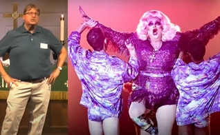 Pastor Craig Duke na igreja (à esquerda) e atuando como drag queen (à direita). (Foto/Montagem Guiame: Captura de tela/HBO)