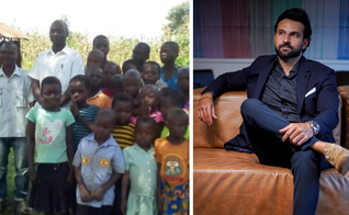 Crianças do projeto educativo em Uganda; à direita, o arquiteto Lucas Zeitune. (Foto: Arquivo pessoal Lucas Zeitune / Sila Simali)