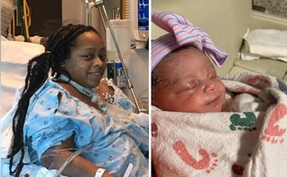 Sheenah Berry durante internação, e sua bebê Kensley logo após o parto. (Foto: Reprodução / Fox5Atlanta)