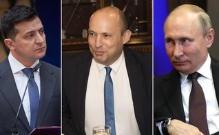 Volodymir Zelensky, Naftali Bennet e Vladimir Putin. (Foto: Montagem Guiame)
