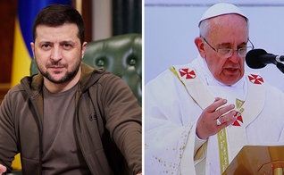 Volodymyr Zelensky (Foto: Reprodução Melanie Phillips / CC); Papa Francisco (Foto: Sebástian Freire / Flickr)