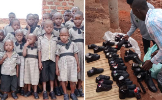 Crianças do Projeto “Light of Hope” recebem calçados e uniformes para irem à escola. (Foto: Pastor Okecho Simon Peter)