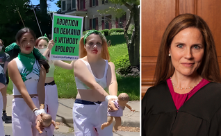 Ativistas pró-aborto ‘Rise Up 4 Abortion Rights’ protestam em frente à casa da juíza conservadora e católica, Amy Coney Barrett (à esquerda) (Captura de tela Twitter Rise Up 4 Abortion Rights / Rachel Malehorn / Creative Commons)