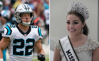 Olivia Culpo, vencedora do Miss Universo (Foto: U.S. Embassy, Jakarta). Christian McCaffrey (Foto: Keith Allison de Hanover/Creative Commons).