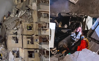 Anastasia Shvets e o prédio destruído por míssil. (Captura de tela/Twitter/Anton Gerashchenko)