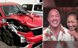 Veículo destruído após o acidente. (Foto: Reprodução/The Rock/Instagram/Access Hollywood)