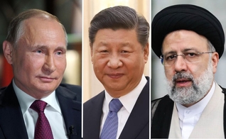 Vladimir Putin, Xi Jinping e Ebrahim Raisi. (Fotos: Wikimedia Commons/Montagem)