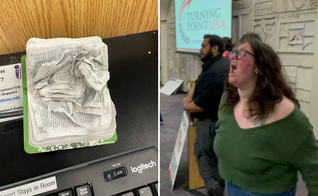 Manifestantes hostilizam palestrante em evento conservador da TPUSA; Bíblia destruída. (Foto: Twitter @ighaworth/TPUSA Upstate)