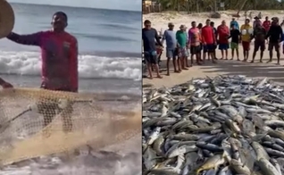 Após as redes transbordarem de peixes, pescadores e moradores oraram na praia. (Foto: Reprodução/Instagram/Metrópolis/Reprodução/GazetaWeb).