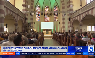 Através de avatares, a IA ministrou todo o culto. (Foto: Reprodução/YouTube/KTLA 5).