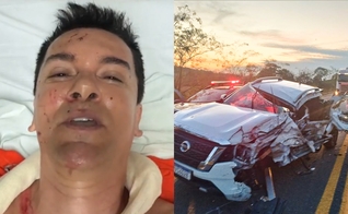 Cantor Regis Danese após ser resgatado do acidente; carro ficou totalmente destruído. (Captura de tela/Instagram Regis Danese)