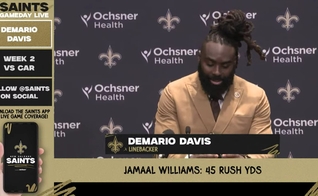 Demario Davis fala sobre as vitórias médicas da filha em entrevista pós-jogo. (Captura de tela/YouTube/New Orleans Saints)