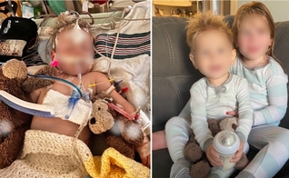 Nixon Koop intubado no Hospital Infantil em meados de julho [à dir.]; Nixon, sorridente, em casa com sua irmã Rylee [à esq.]. (Fotos: Arquivo pessoal)