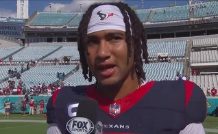 CJ Stroud faz declarações de fé na entrevista pós-jogo. (Captura de tela/YouTube/NFL)