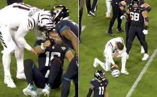 Trey Hendrickson, do Bengals, intercedeu por Trevor Lawrence, do Jacksonville. (Foto: Reprodução/X/NFL).